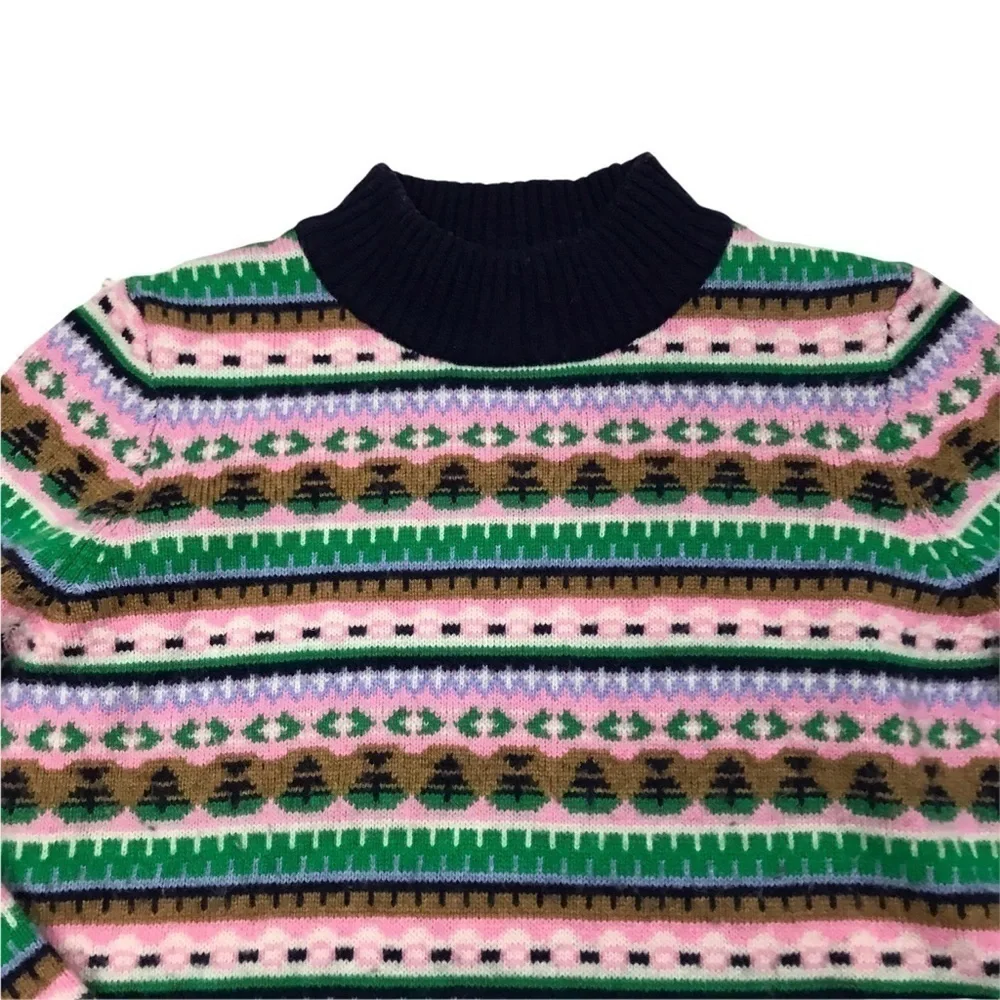 J Crew Mock Neck Fair Isle Green Pink Navy Blue Knit Pullover Sweater Small.